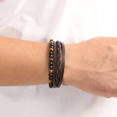 Layered Braided Leather Bracelet Tiger Eyestone Beaded Punk Accessory