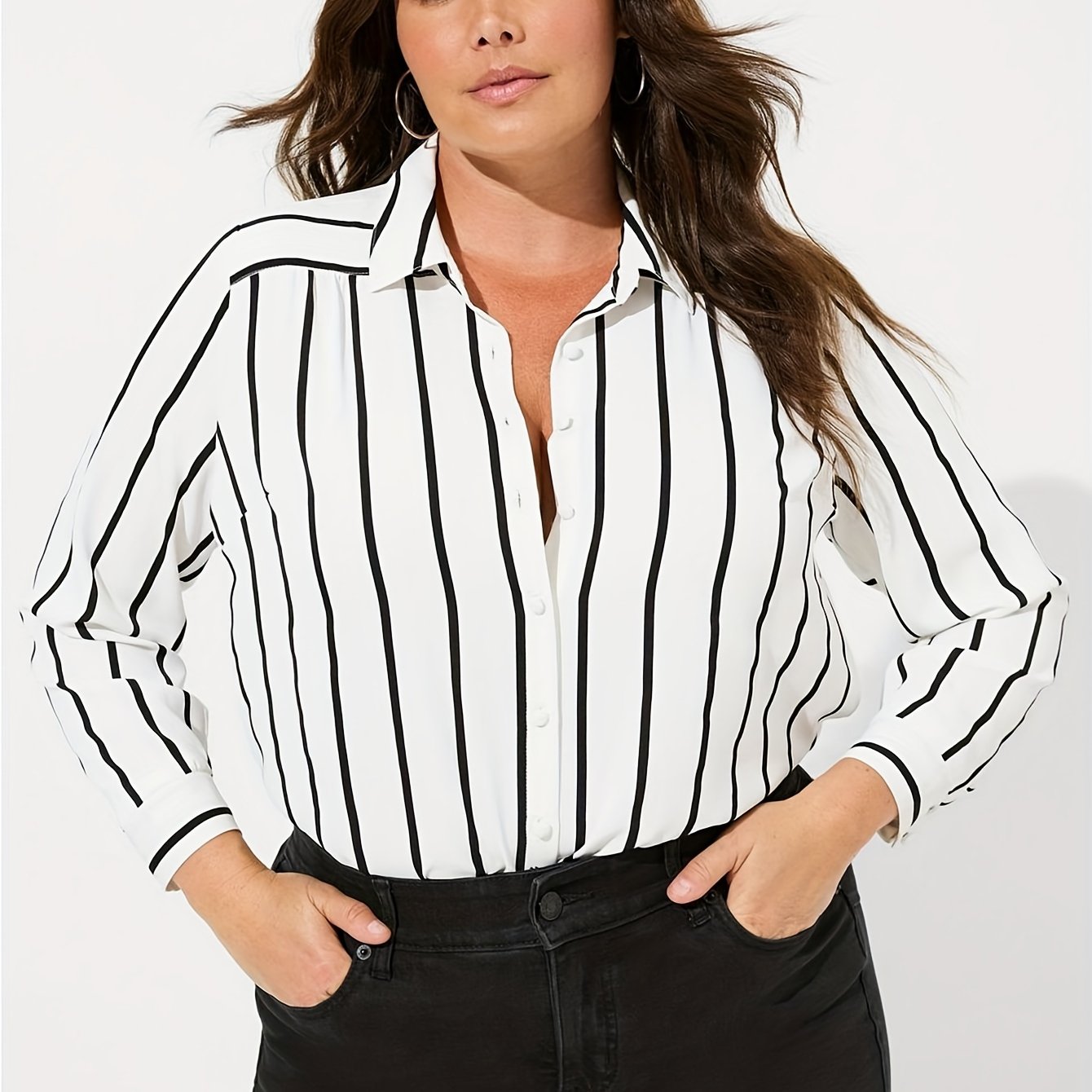  Stripe Print Button Up Long Sleeve Blouse
