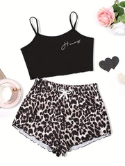 Scallop Trim Cami Pajama Set & Leopard Print Shorts