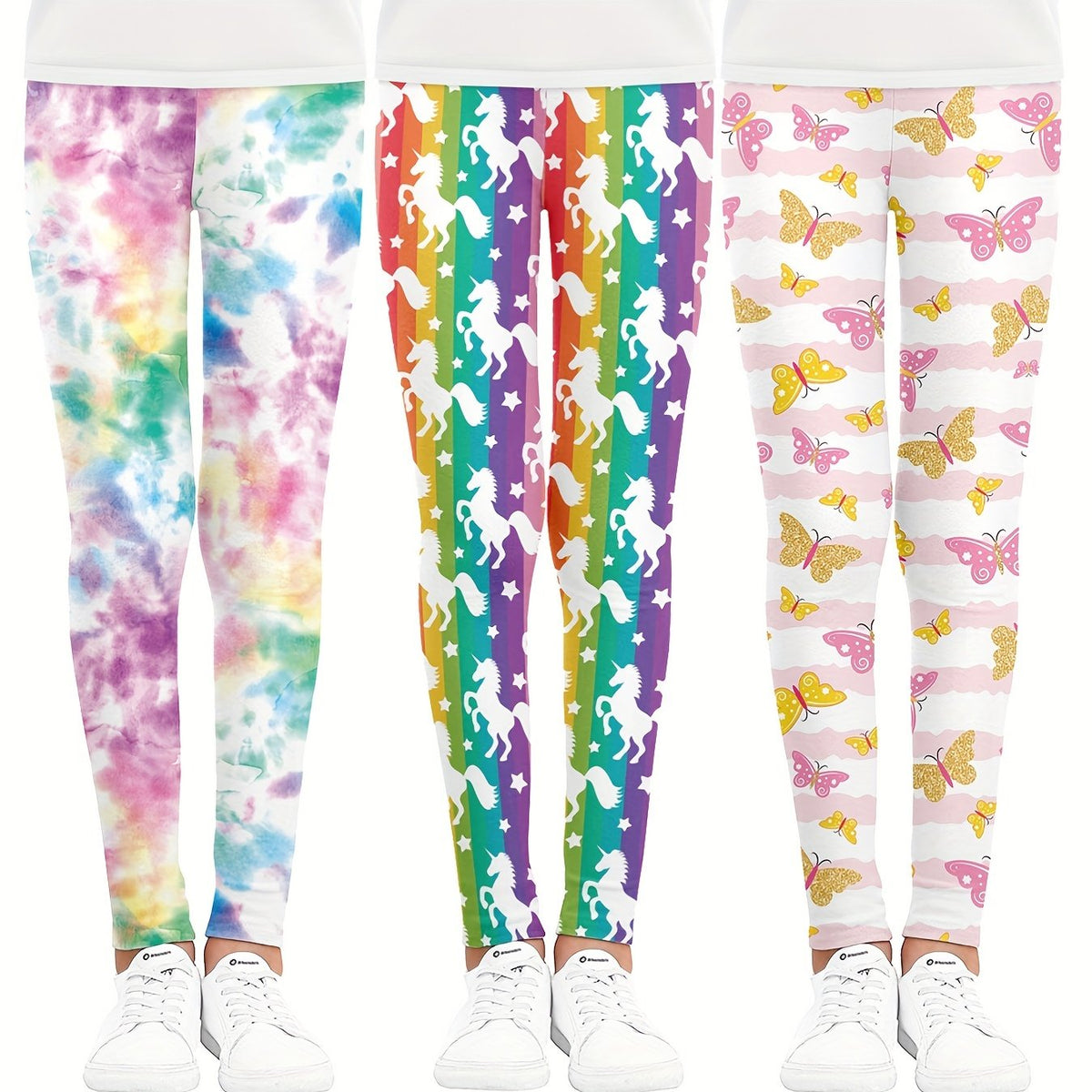 3pcs Girls Cartoon Unicorn And Butterfly Tie Dye Athletic Leggings