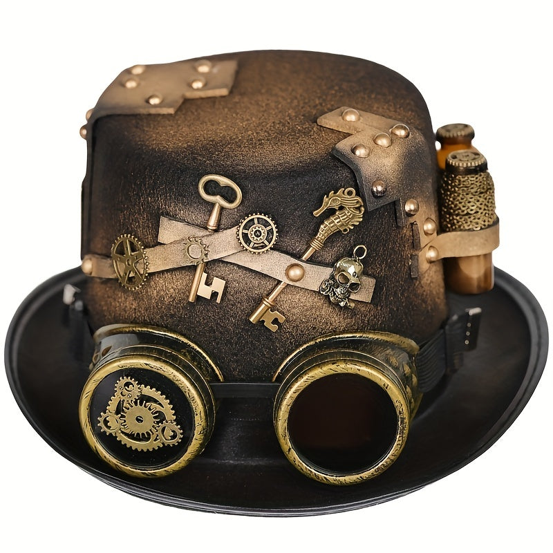 Steampunk Hat Golden Medicine Bottle Gear Key Skull Costume