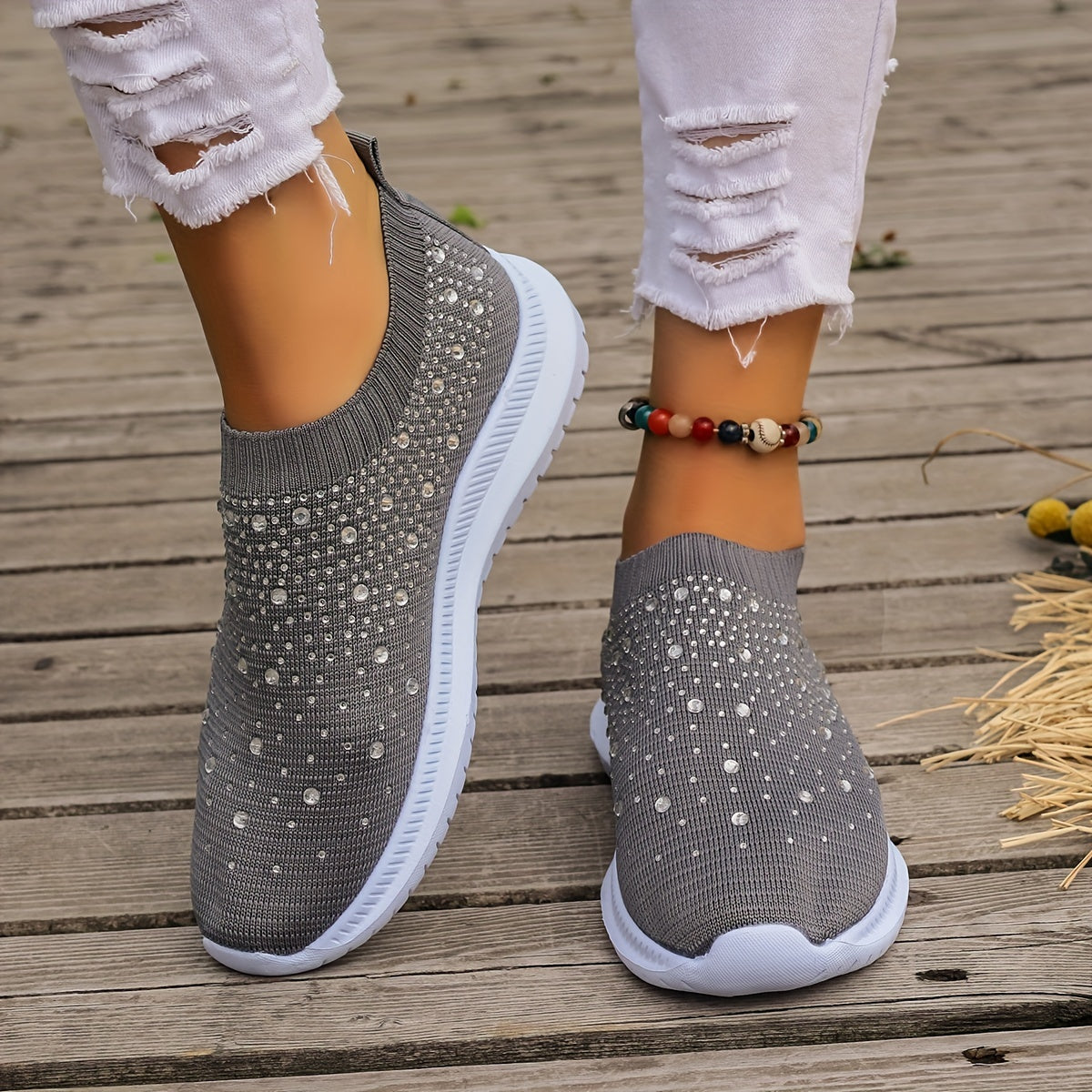 Women's Rhinestone Slip on Sneakers Breathable Low Top Shoes