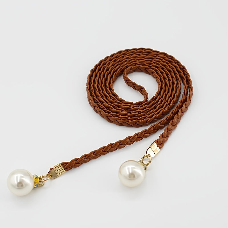 Braided Thin Belt Women's Decor Waist Rope Sweet Dress Tie With Pearl