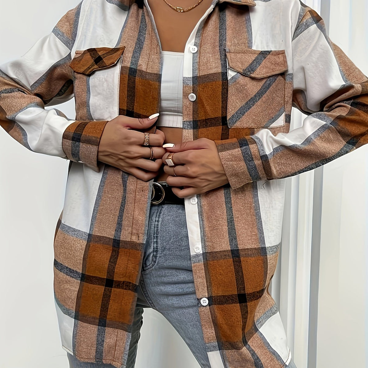  Plaid Button Up Long Sleeve Blouse