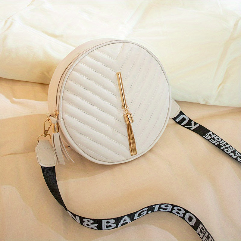 Chevron Quilted Round Bag Tassel Crossbody Bag Women's Small Circle Purse