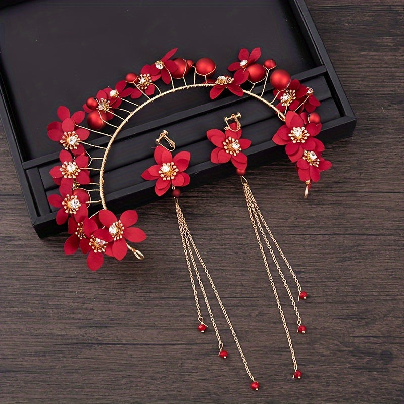 Red Flowers Headband Hairpins Clip Earring Set Chinese Style Bridal Wedding