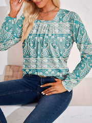  Paisley Print Long Sleeve Boho Blouse