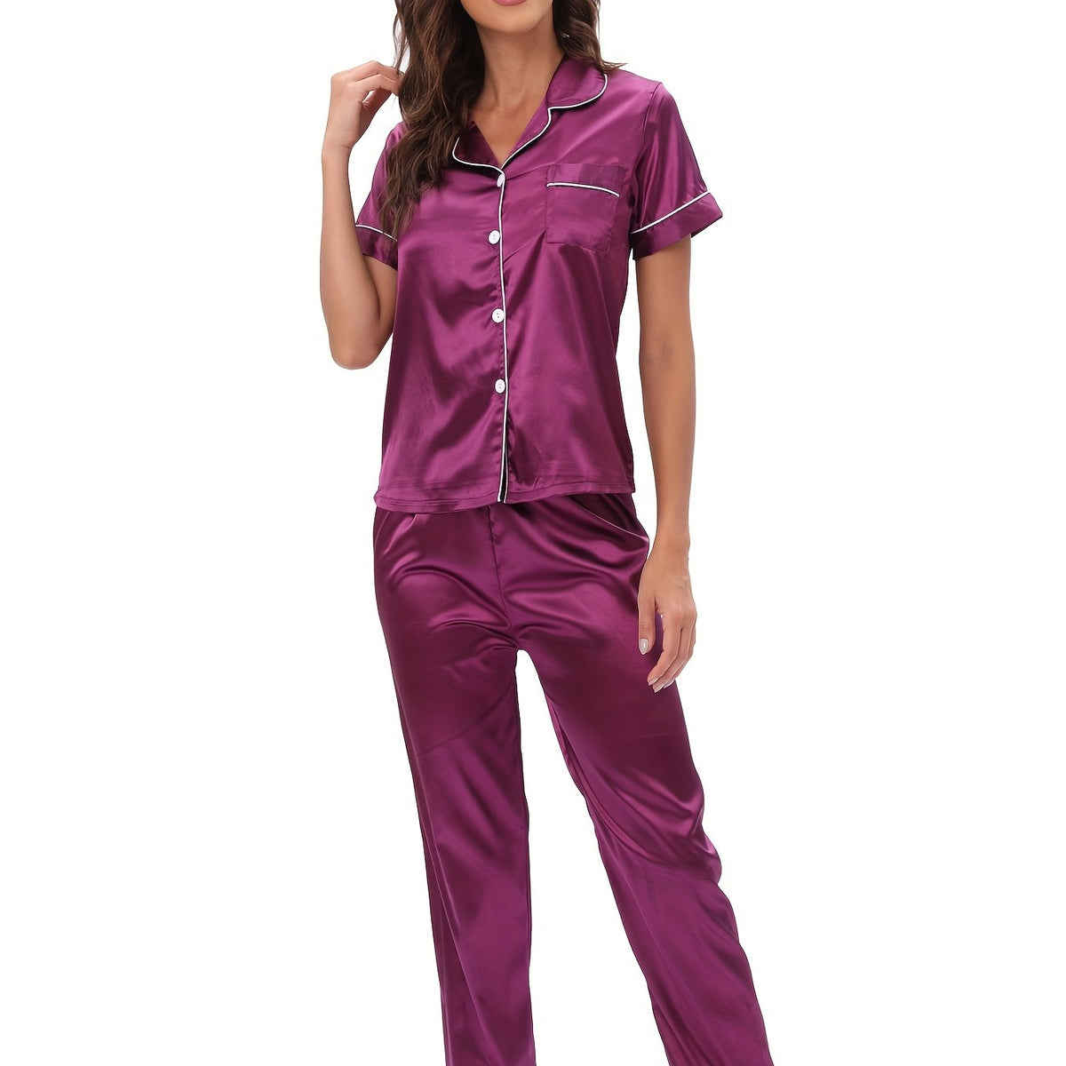 Satin Pajama Set Short Sleeve & Elastic Waistband Pants Women's Sleepwear
