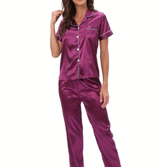 Satin Pajama Set Short Sleeve & Elastic Waistband Pants Women's Sleepwear