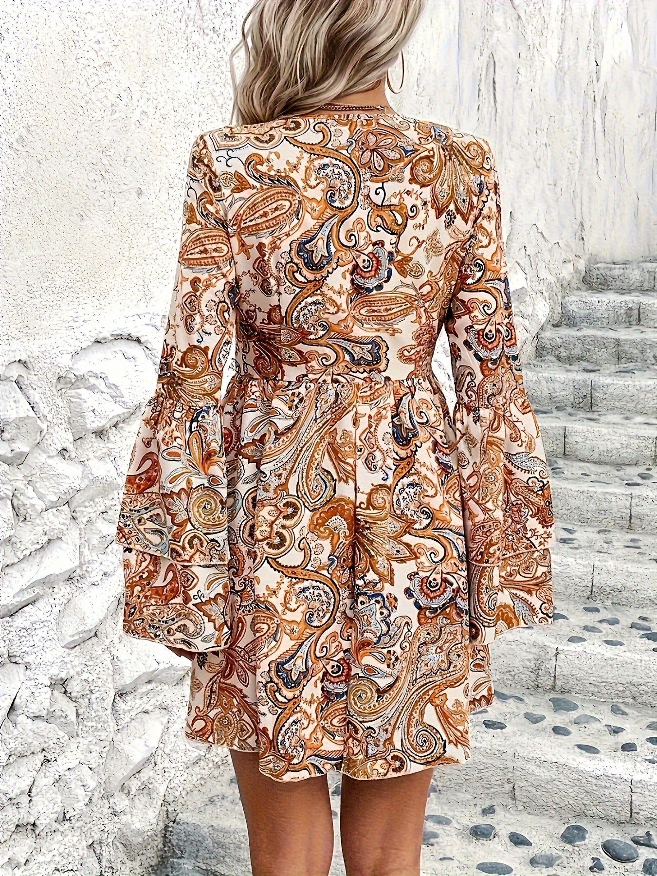  Boho Paisley Print Layered Bell Sleeve Mini Dress