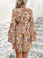 Boho Paisley Print Layered Bell Sleeve Mini Dress