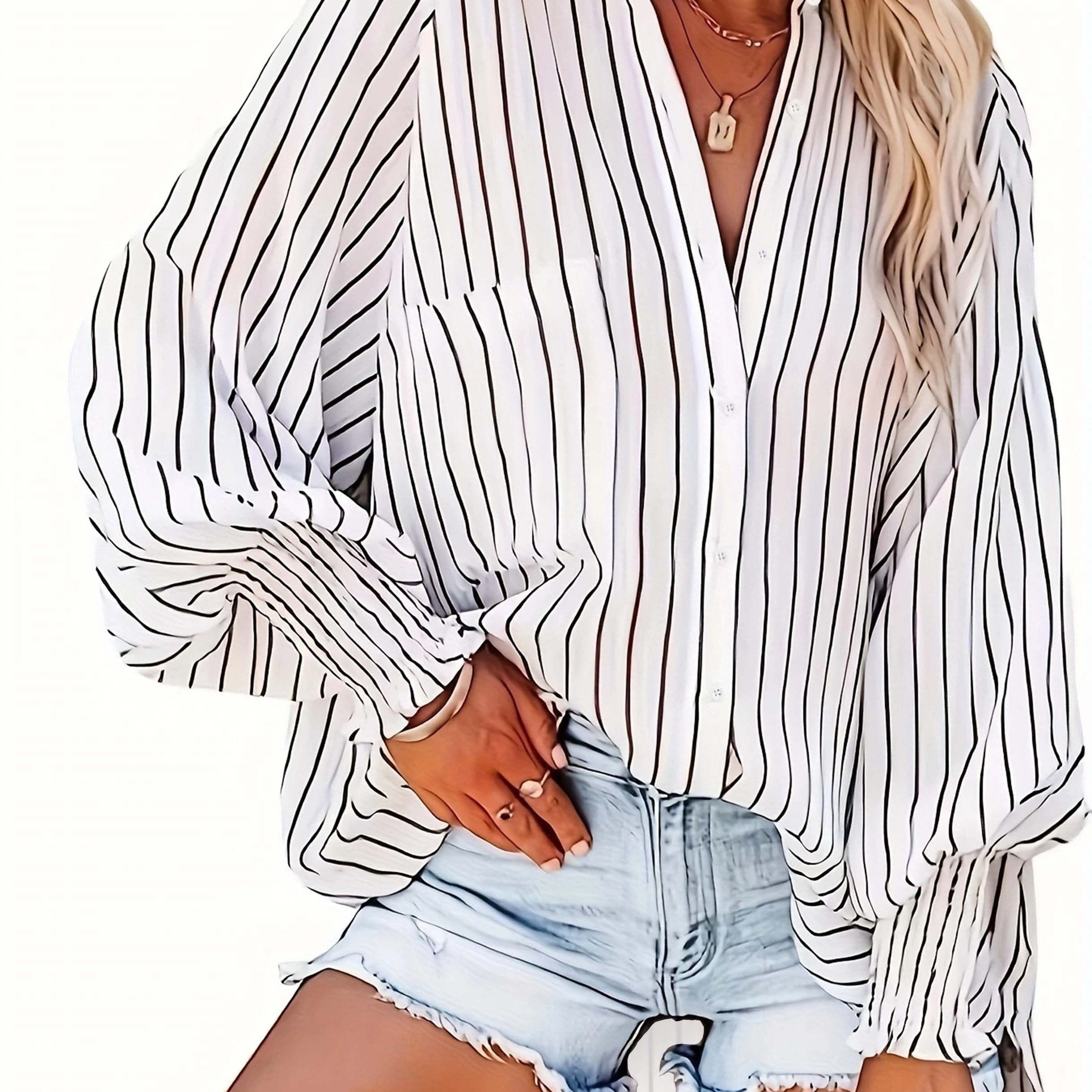  Striped Print Lantern Sleeve Button Up Collar Tunic Top
