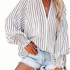  Striped Print Lantern Sleeve Button Up Collar Tunic Top
