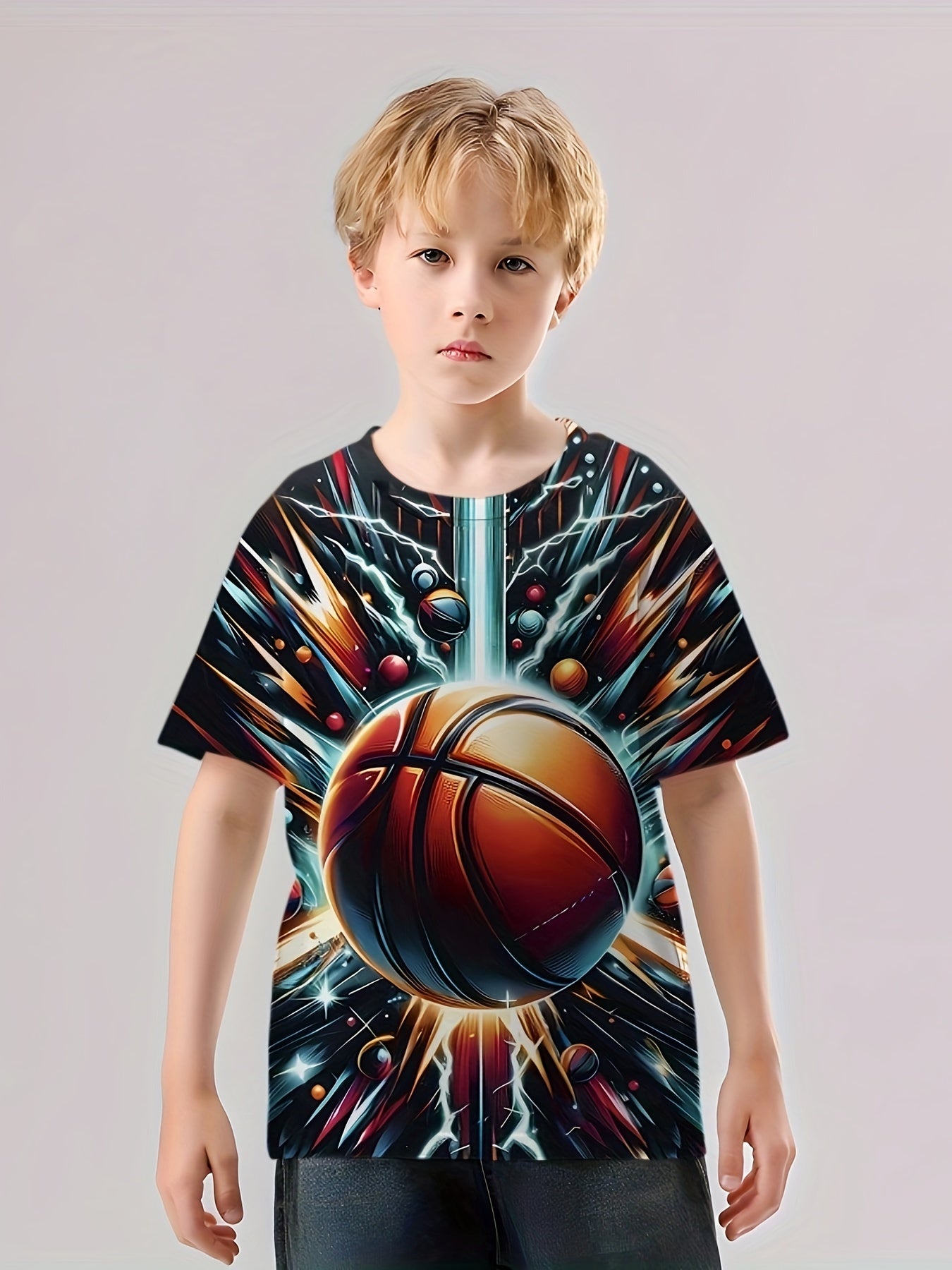 Boy's Basketball Print Casual Tee Short Sleeve Crew Neck T-shirt