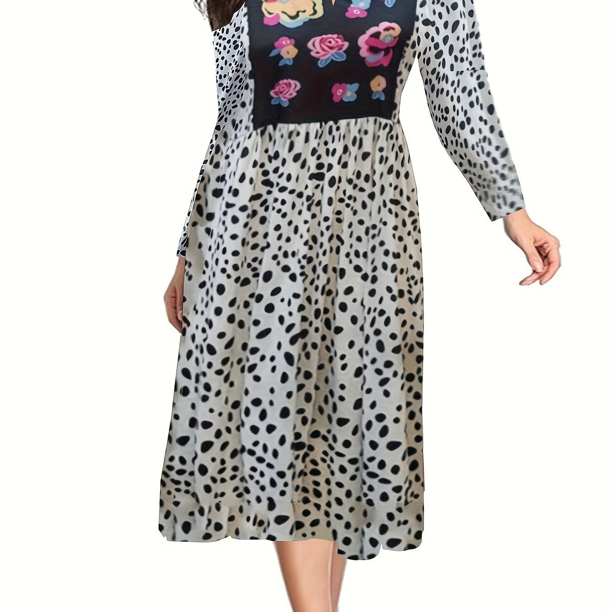  Boho Dress Colorblock Dot & Floral Print