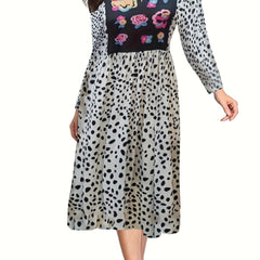  Boho Dress Colorblock Dot & Floral Print