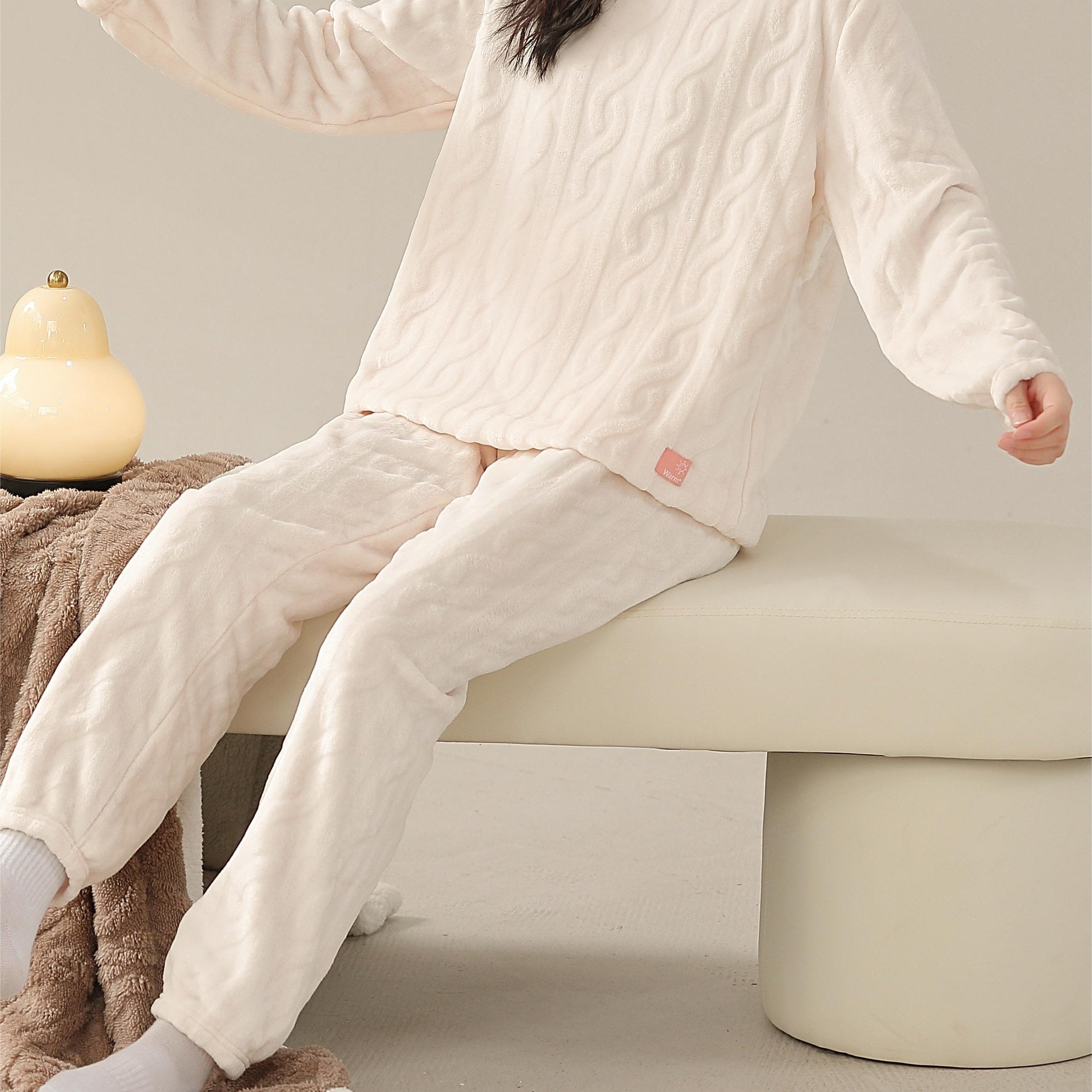 Cozy Fuzzy Pajama Set Long Sleeve Crew Neck Top & Elastic Waistband Pants