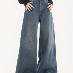 Wide Leg Baggy Jeans Solid Loose Fit Street Grunge Style Denim Pants