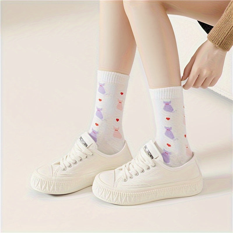 5 Pairs Cartoon Cat Print Socks Cute & Comfy Women's Mid Tube Stockings