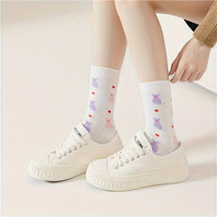 5 Pairs Cartoon Cat Print Socks Cute & Comfy Women's Mid Tube Stockings