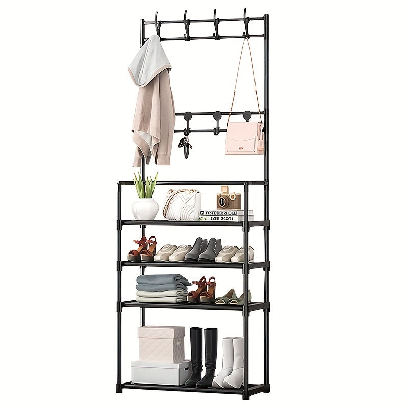 Entryway Coat Rack Shoe Rack with Storage Shelves & 8 Double Hooks