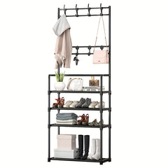 Entryway Coat Rack Shoe Rack with Storage Shelves & 8 Double Hooks
