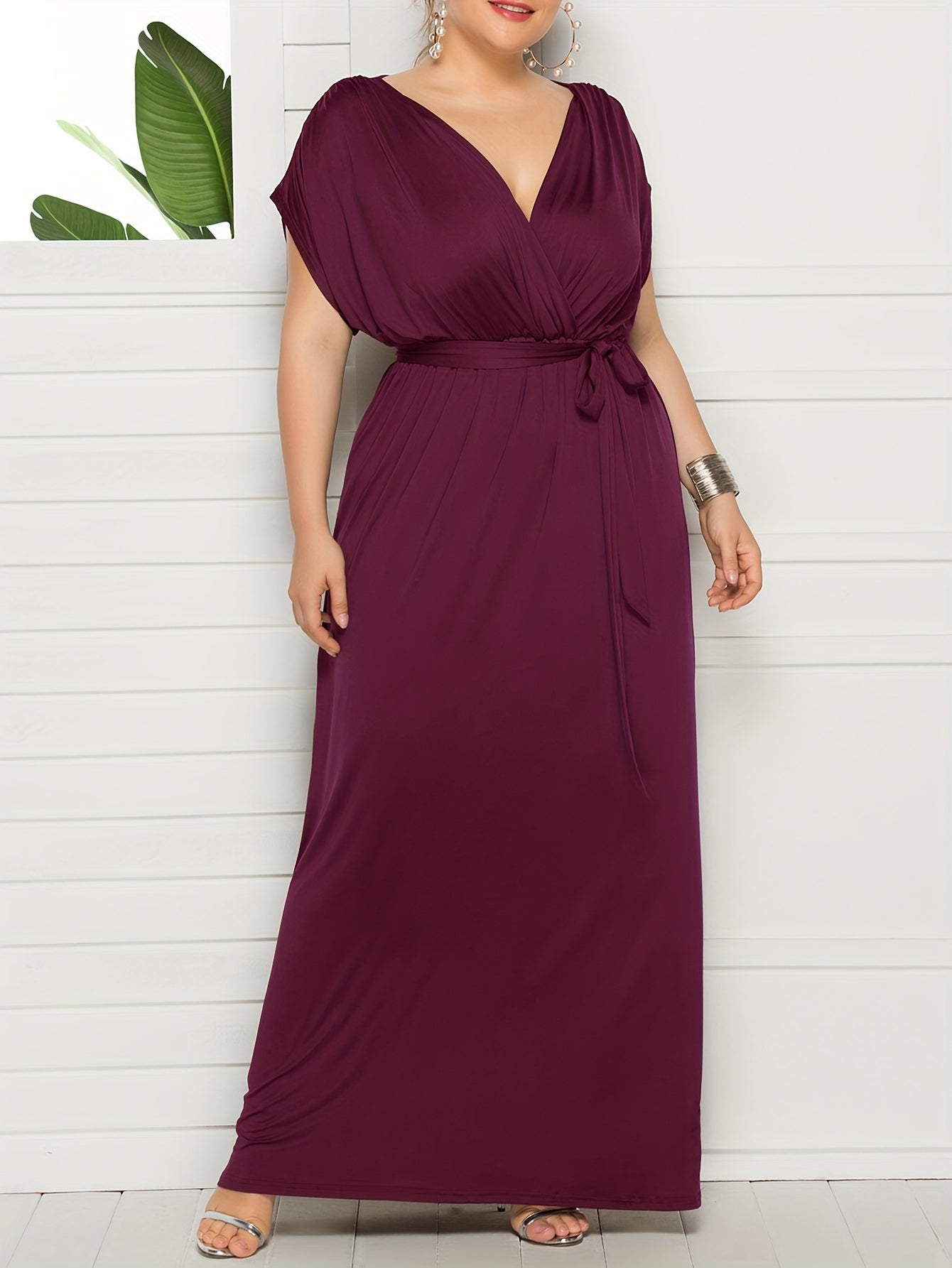  Solid Bat Sleeve Maxi Dress With Belt
