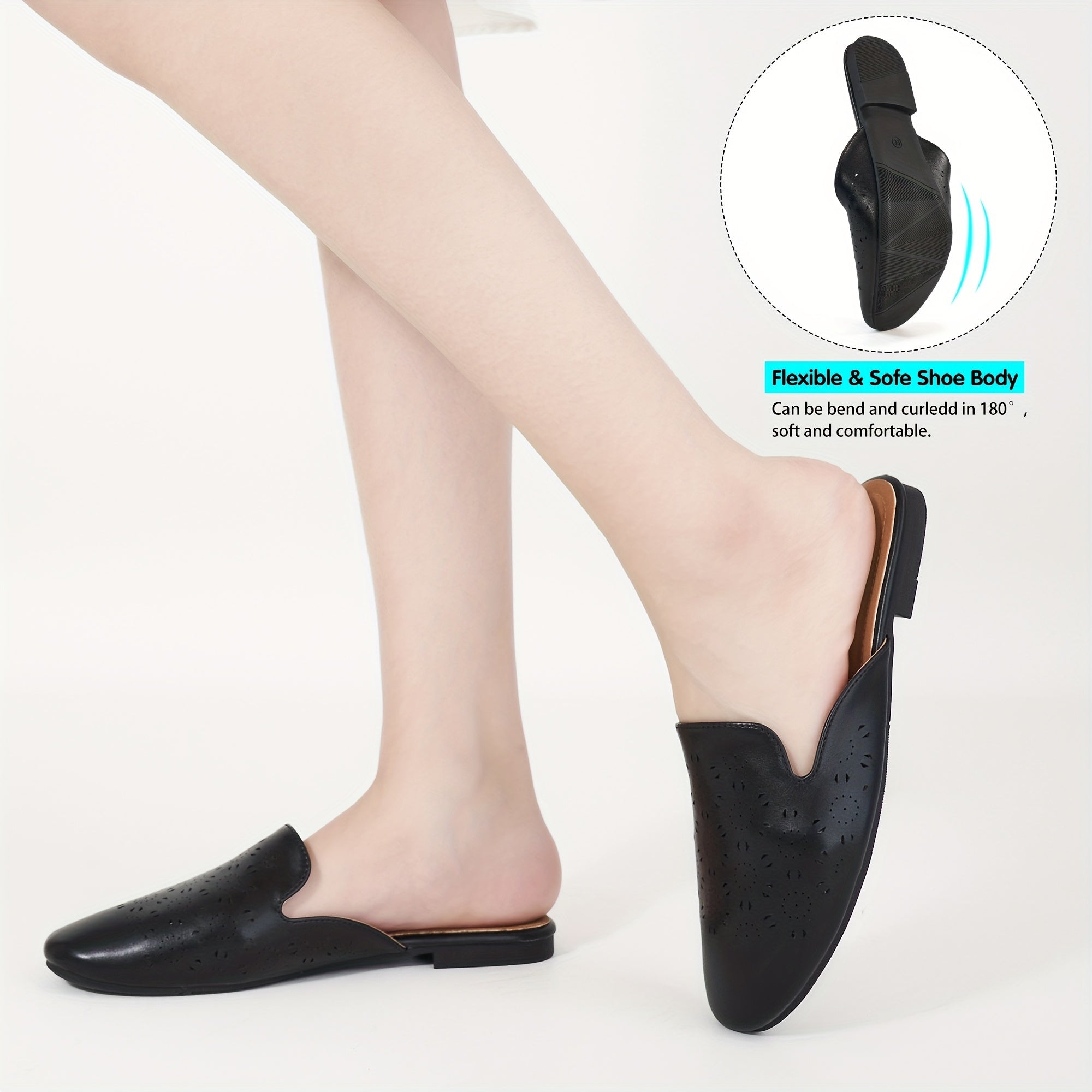 Women's Perforated Flat Mules Closed Toe Slip On Backless Loafers