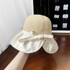 Bowknot Stitching Bucket Hat Foldable Wide Brim Crochet Sun Hat