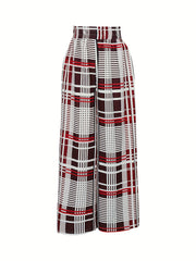 Women's Plus Plaid Wide Leg Pants High Rise Elastic Waist