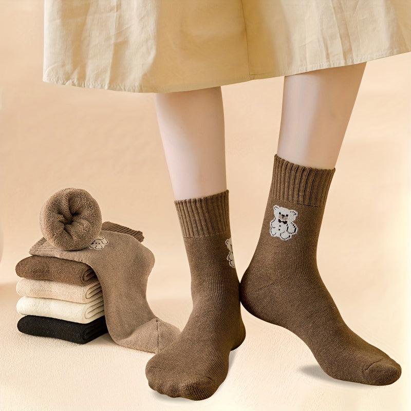5 Pairs Bear Print Socks Comfy Mid Tube Women's Stockings