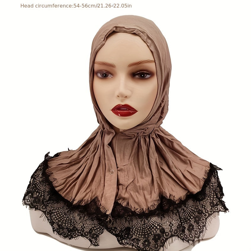 Lace Hijab Snap Button Head Scarf Women Solid Turban Elastic Ramadan