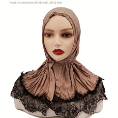 Lace Hijab Snap Button Head Scarf Women Solid Turban Elastic Ramadan