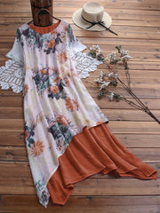Floral Print Layered V Neck Short Sleeve Dress