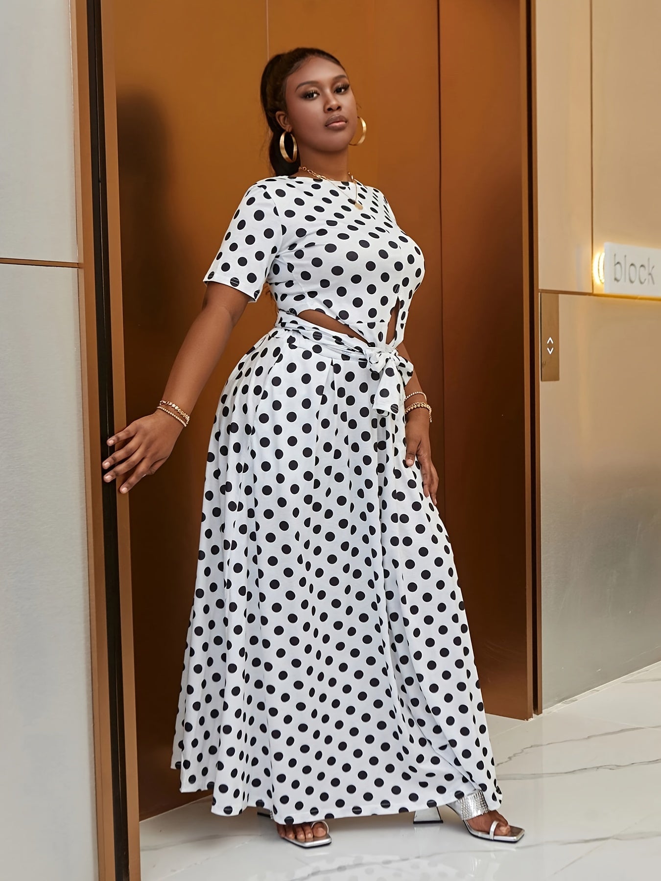  Polka Dot Print Knot Front Crop Top & Maxi Skirt Set