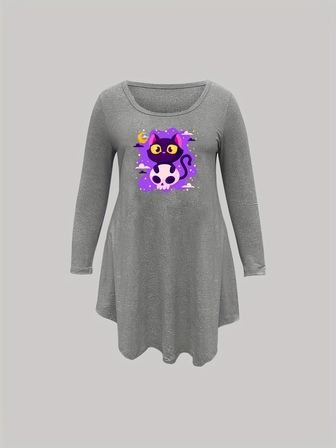  Cat & Skull Print Nightdress Long Sleeve Round Neck Sleep Dress