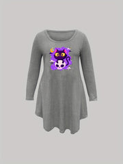  Cat & Skull Print Nightdress Long Sleeve Round Neck Sleep Dress