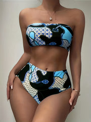 Geometric Bandeau Bikini Set High Cut Swimsuit