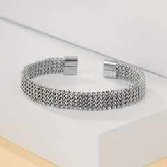 Stainless Steel Braided Flat C Open Bracelet Men Women