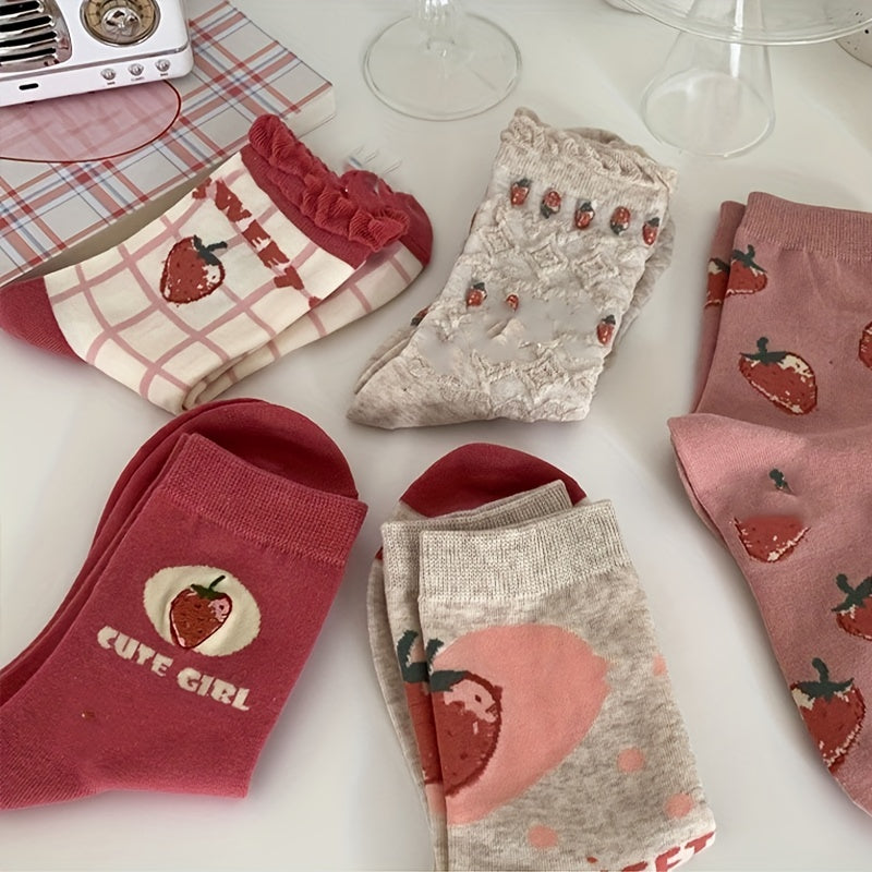 5 Pairs Strawberry Print Socks Sweet & Mid Tube Socks Women's Stockings
