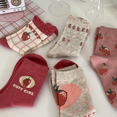 5 Pairs Strawberry Print Socks Sweet & Mid Tube Socks Women's Stockings