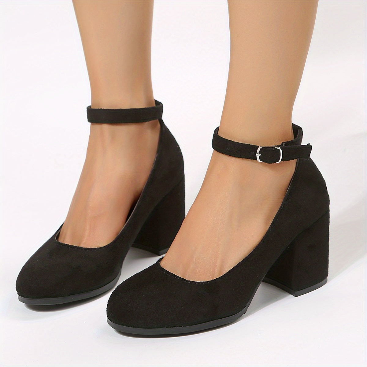 Women's Chunky Heels Buckle Strap Pumps Work Heels