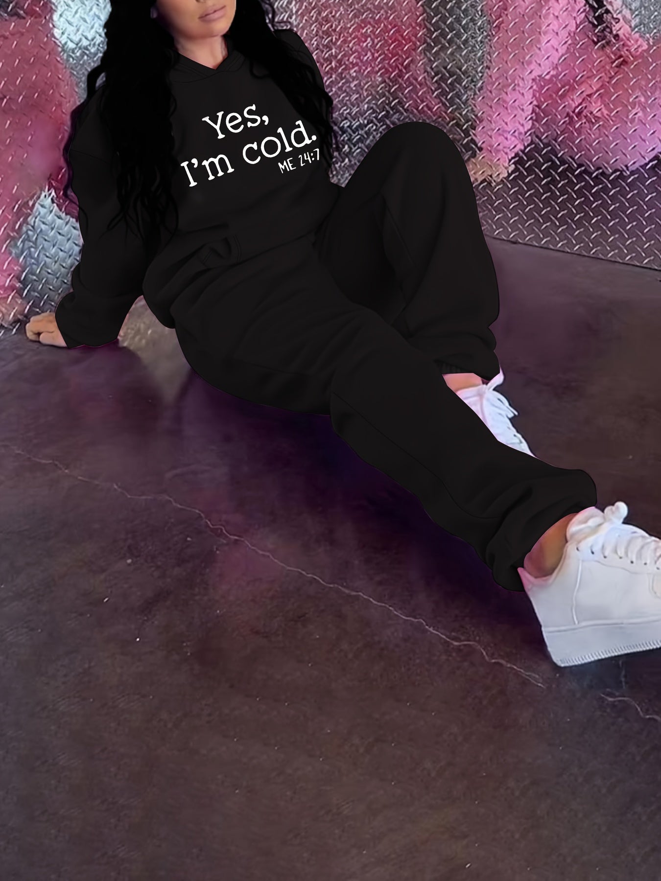  Women's Slogan Print Hooded Sweatshirt & Jogger Pants Set