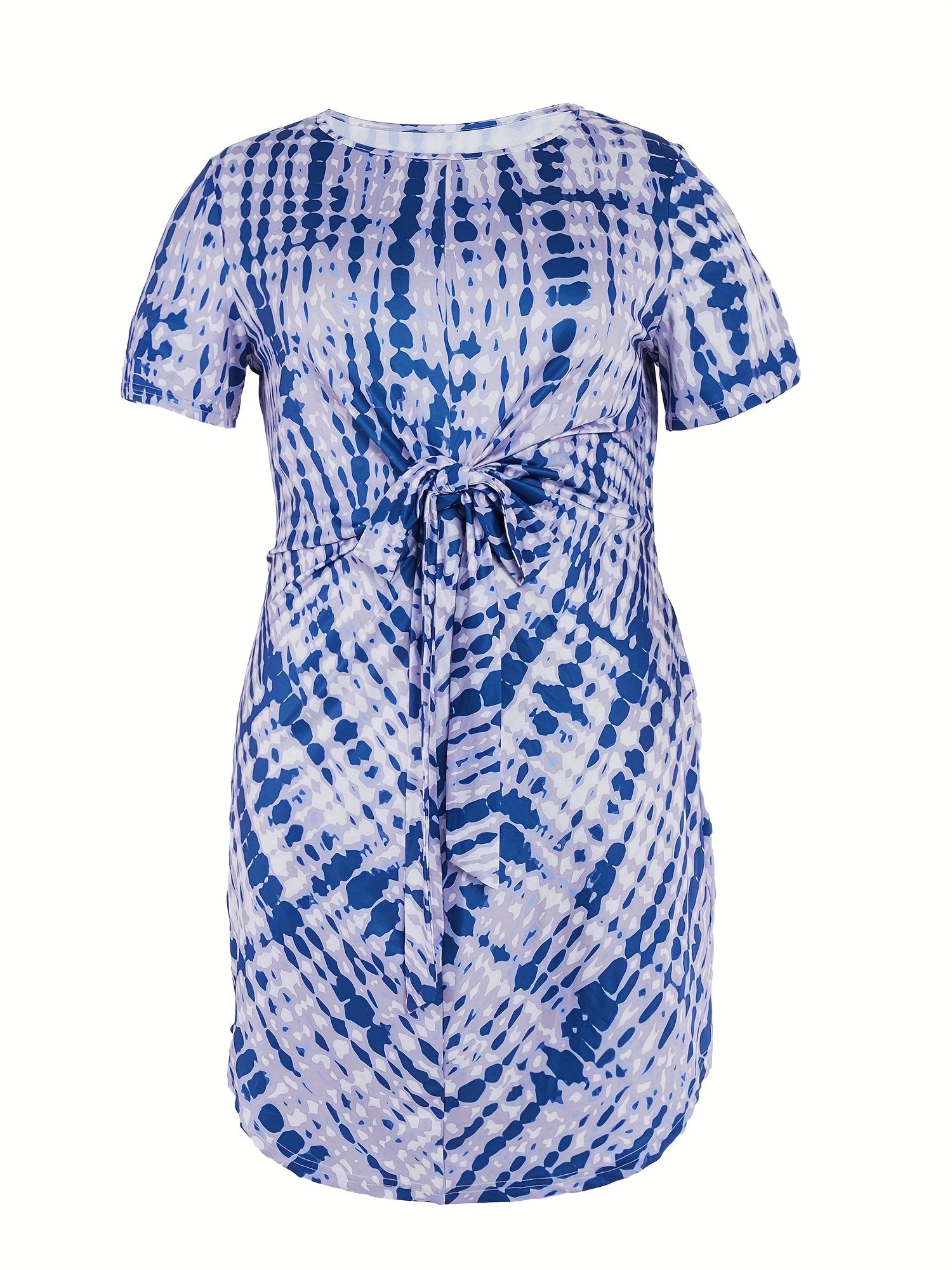  Tie Dye Short Sleeve Round Neck Belted Dress