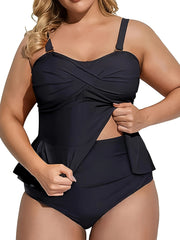  Tankini Set Cross Front Ruffle Trim Top & Ruched Panty Swimsuit