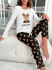 Deer Print Pajama Set Long Sleeve Crew Neck Top & Pant