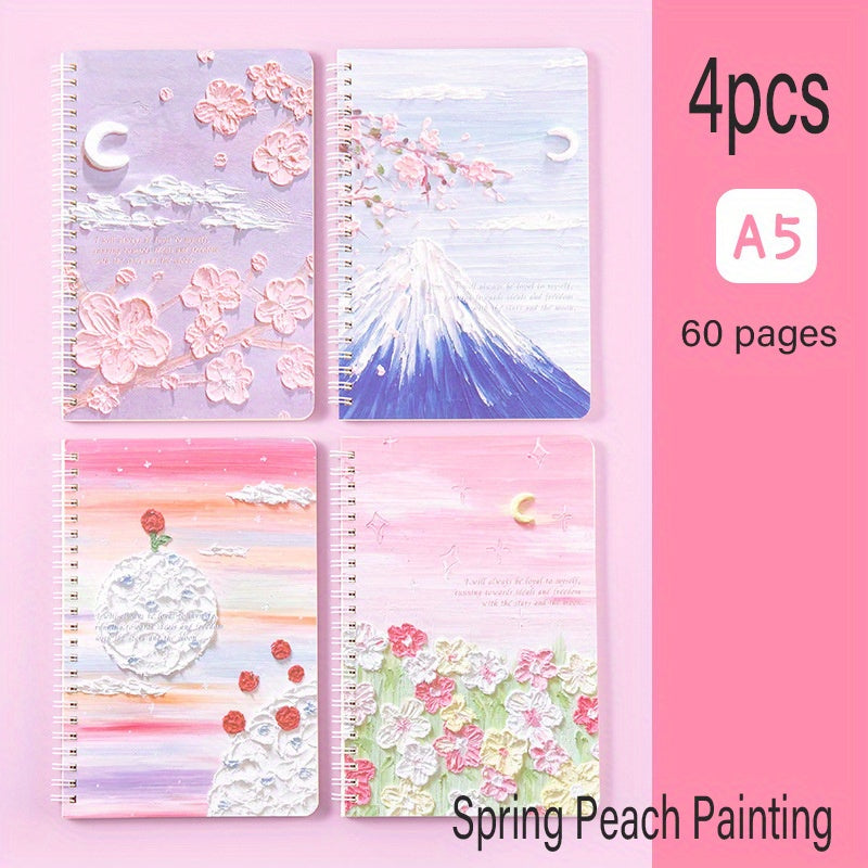 4pcs Painting Scenery A5 Coil Student Diary Stationery Notepad