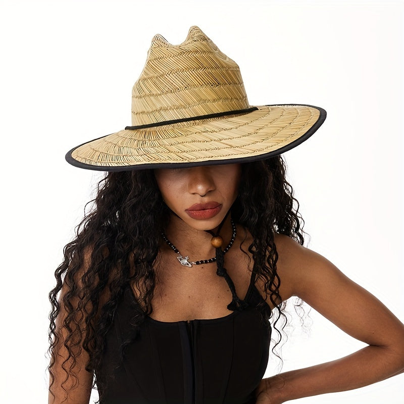 Green Striped Crochet Sun Hat Wide Brim Vintage Boho Straw Hat