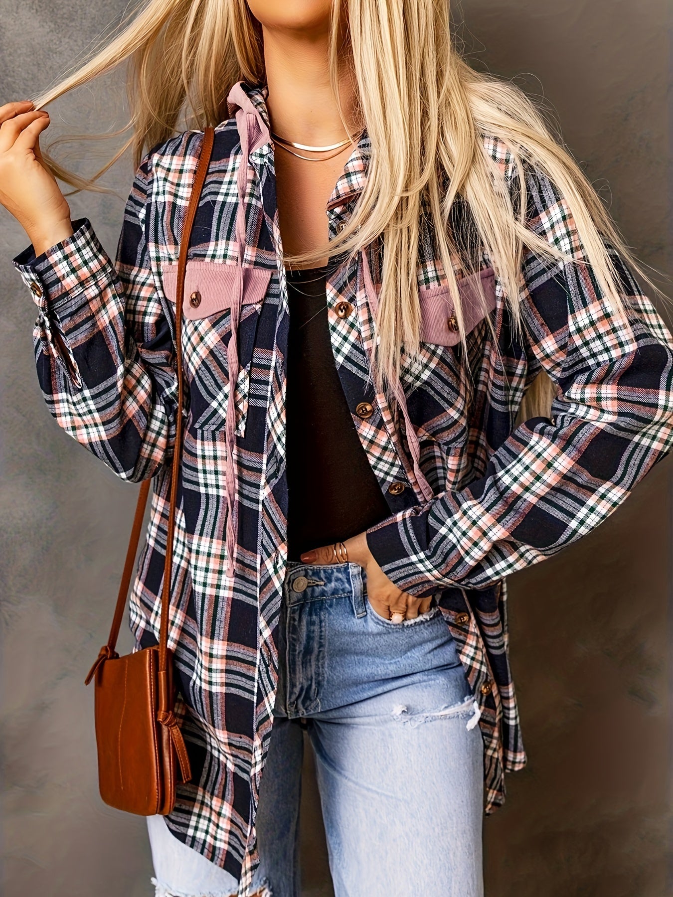  Plaid Print Button Up Long Sleeve Hooded Shacket