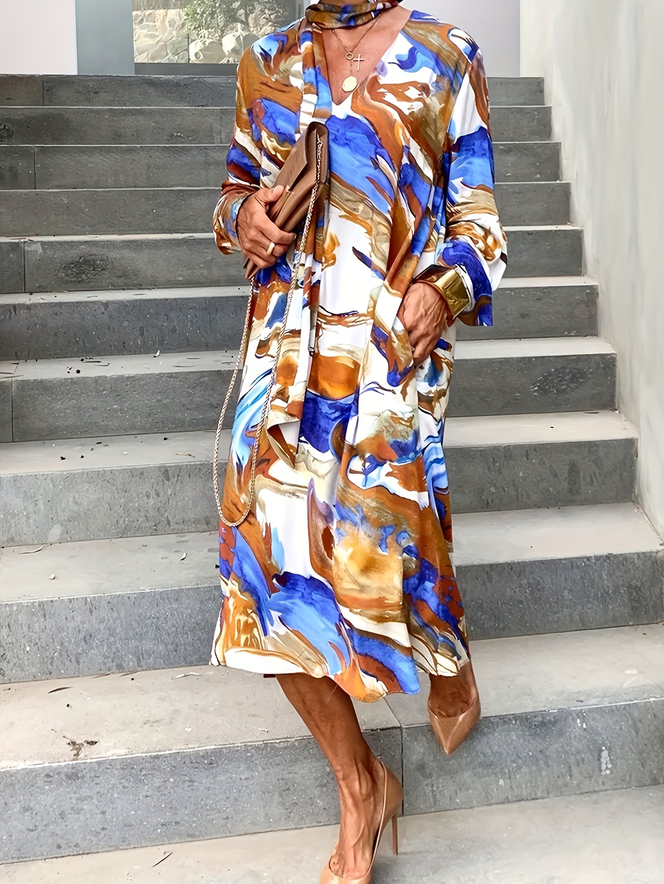  Marble Print Long Sleeve V Neck Casual Midi Dress
